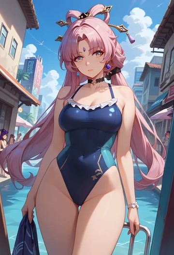 star rail,fu xuan,retro style swimsuit,frilled neckline,bow detail  - AI generated anime art